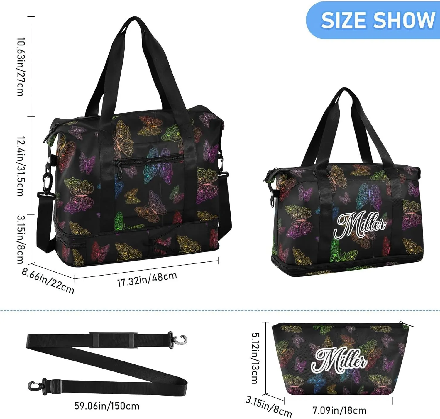 Rainbow Butterflies Custom Sport Travel Duffel Bag for Women Men Gym Bag with Shoe Compartment Personalized Carry On Weekender Overnight Bags for Travel Gym Yoga School