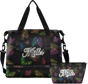 Rainbow Butterflies Custom Sport Travel Duffel Bag for Women Men Gym Bag with Shoe Compartment Personalized Carry On Weekender Overnight Bags for Travel Gym Yoga School