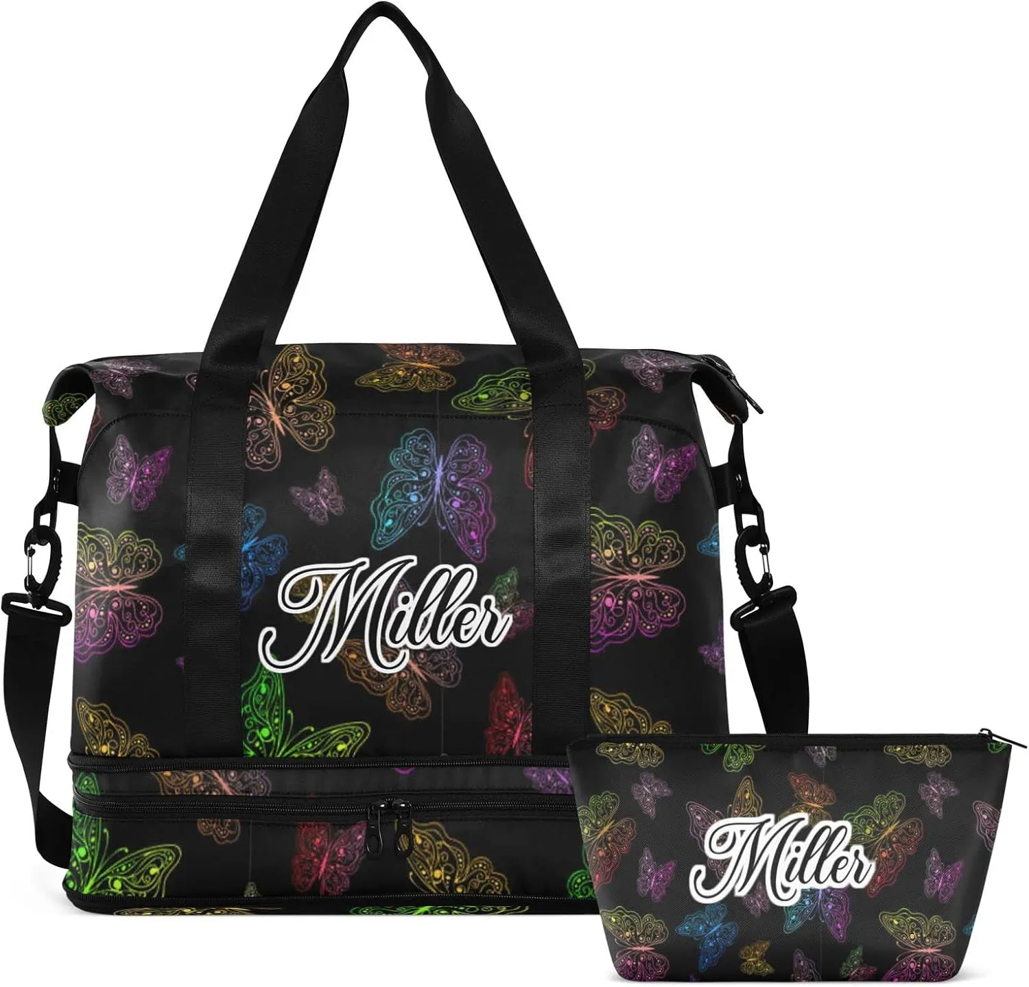 Rainbow Butterflies Custom Sport Travel Duffel Bag for Women Men Gym Bag with Shoe Compartment Personalized Carry On Weekender Overnight Bags for Travel Gym Yoga School