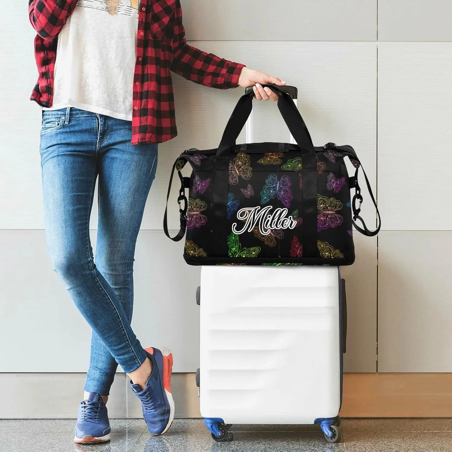 Rainbow Butterflies Custom Sport Travel Duffel Bag for Women Men Gym Bag with Shoe Compartment Personalized Carry On Weekender Overnight Bags for Travel Gym Yoga School