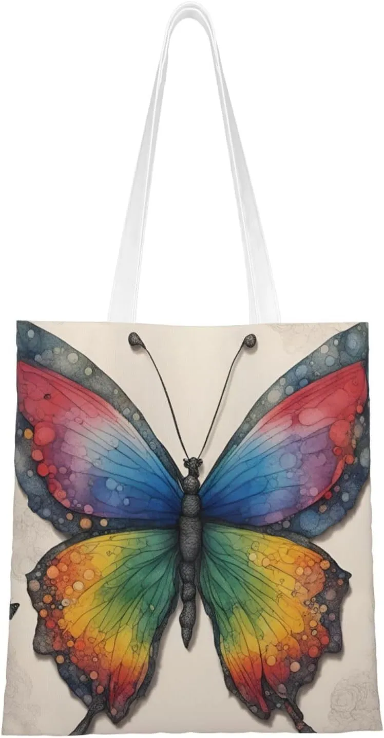 Rainbow Butterfly Print Canvas Tote Bag Reusable Shoulder Shopping Bags For Daily Use Shopping Travel