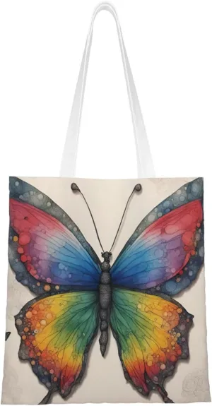 Rainbow Butterfly Print Canvas Tote Bag Reusable Shoulder Shopping Bags For Daily Use Shopping Travel