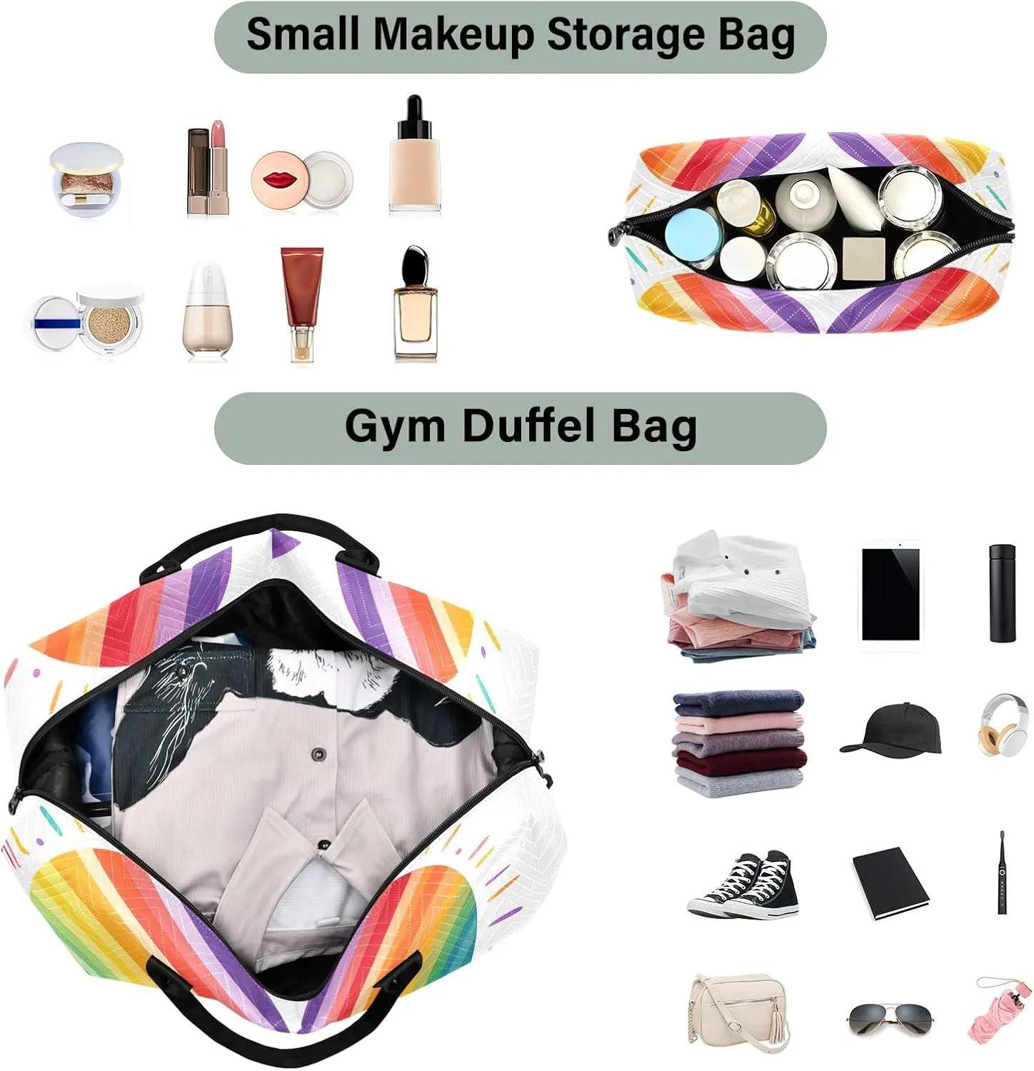 Rainbow Heart LGBT Duffle Bags Luggage Bags for Travel with Toiletry Bag Sports Tote Bags for Women Mens Duffle Bag Weekender Bag