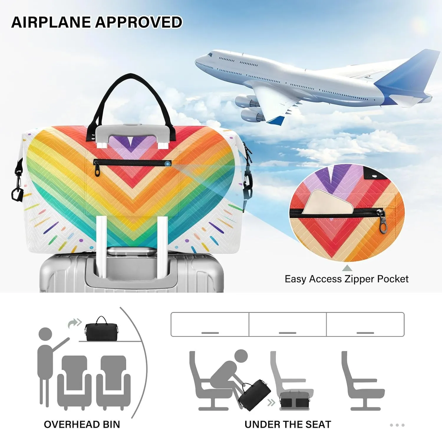 Rainbow Heart LGBT Duffle Bags Luggage Bags for Travel with Toiletry Bag Sports Tote Bags for Women Mens Duffle Bag Weekender Bag
