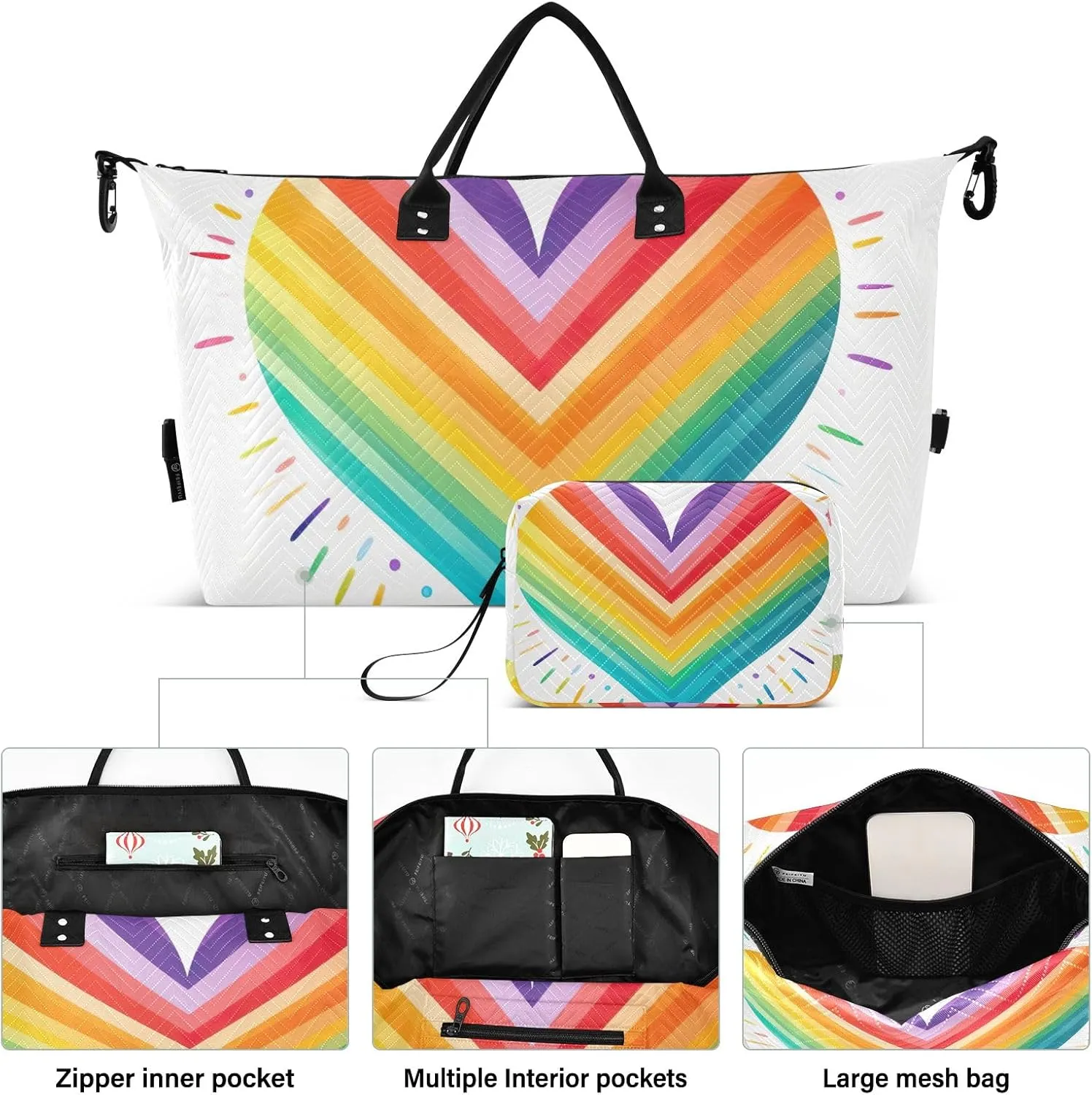 Rainbow Heart LGBT Duffle Bags Luggage Bags for Travel with Toiletry Bag Sports Tote Bags for Women Mens Duffle Bag Weekender Bag