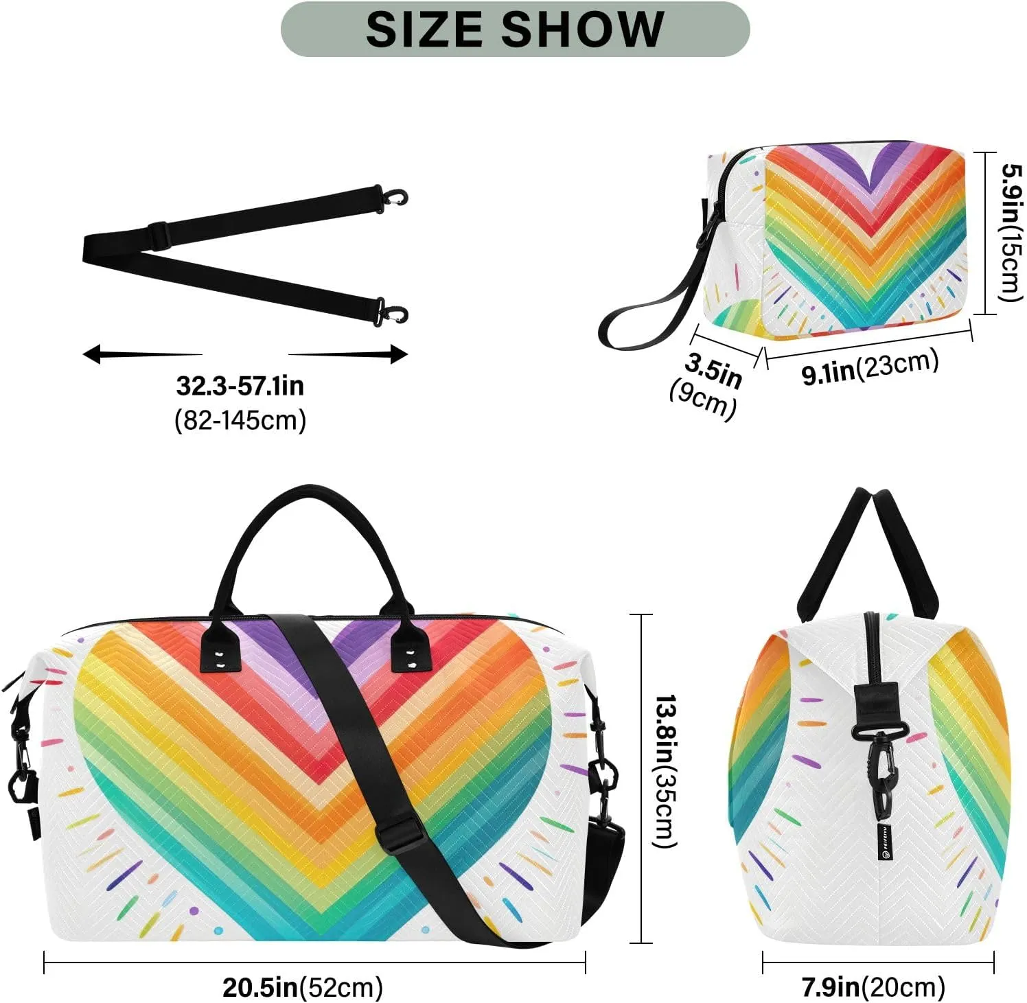 Rainbow Heart LGBT Duffle Bags Luggage Bags for Travel with Toiletry Bag Sports Tote Bags for Women Mens Duffle Bag Weekender Bag
