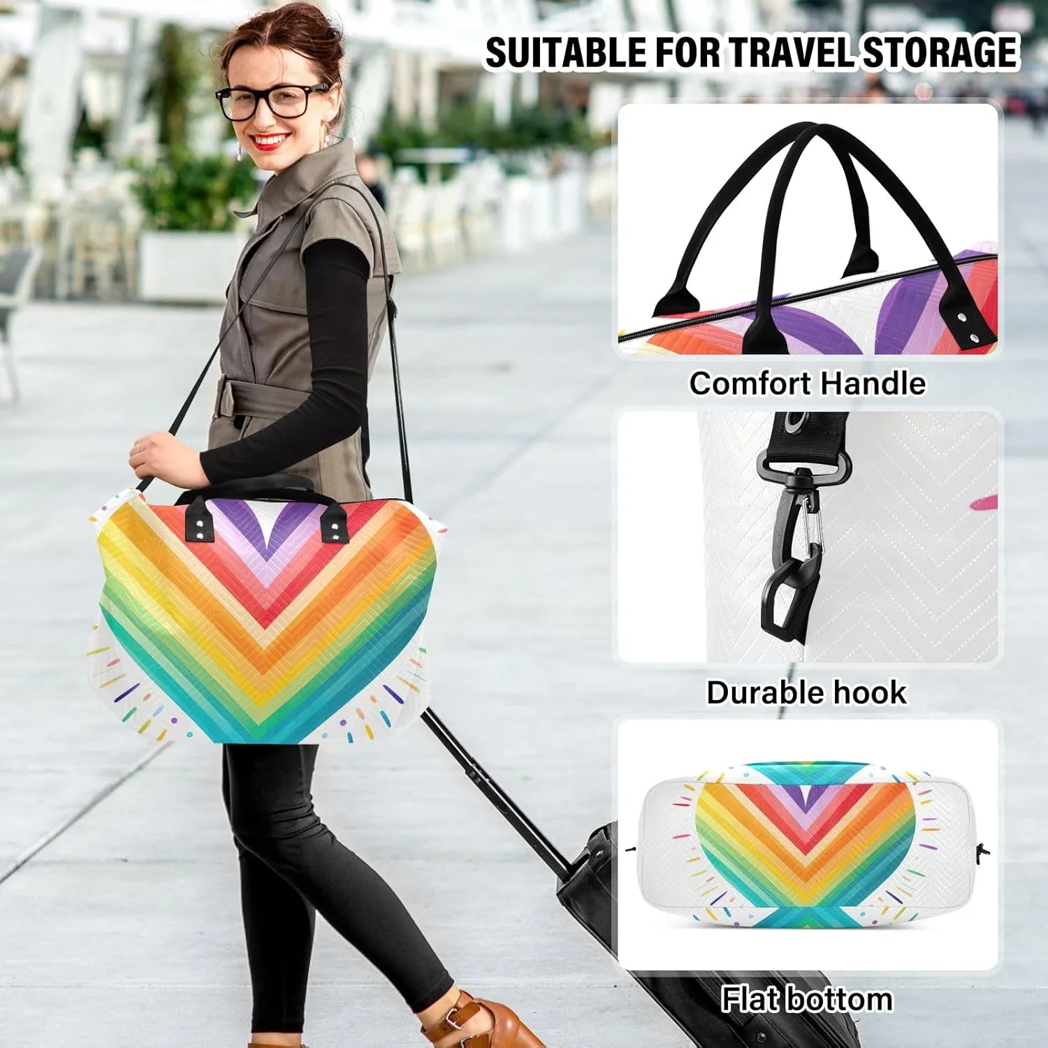 Rainbow Heart LGBT Duffle Bags Luggage Bags for Travel with Toiletry Bag Sports Tote Bags for Women Mens Duffle Bag Weekender Bag
