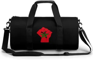 Raised Fist Morocco Flag Cylindrical Gym Duffle Bag Foldable Weekender Bags Lightweight Travel Handbag