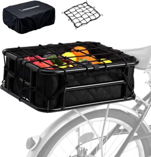 Rear Bike Basket with Rainproof Cover and Cargo Net and Liner, Large Rear Bike Rack Basket for Bike, Heavy Duty Metal Rear Bicycle Basket Perfect Mount for Electric Bike WOOFOPT