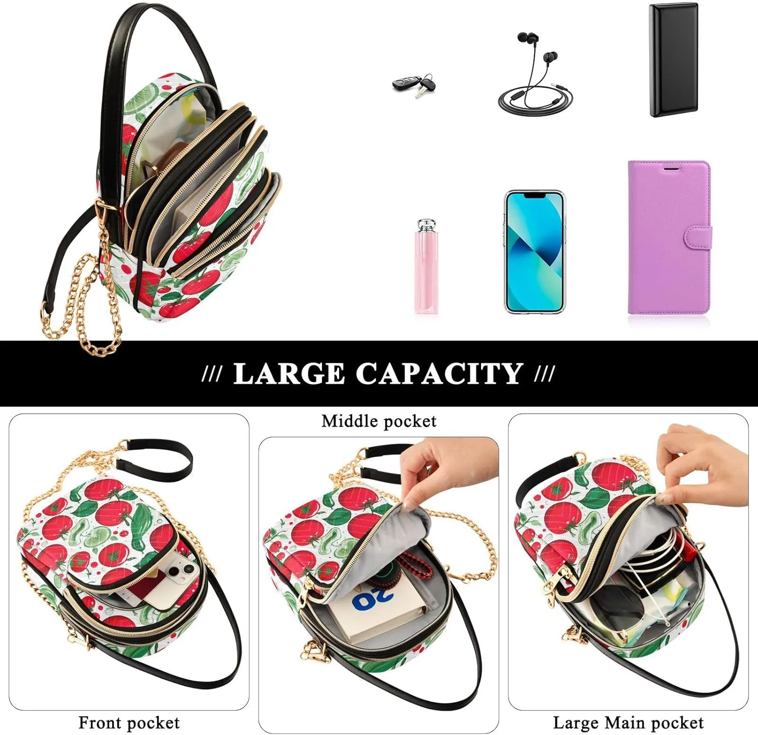 Red and Green Tomato Womens Shoulder Purse, Crossbody Bag with Strap, Fall Crossbody Purse