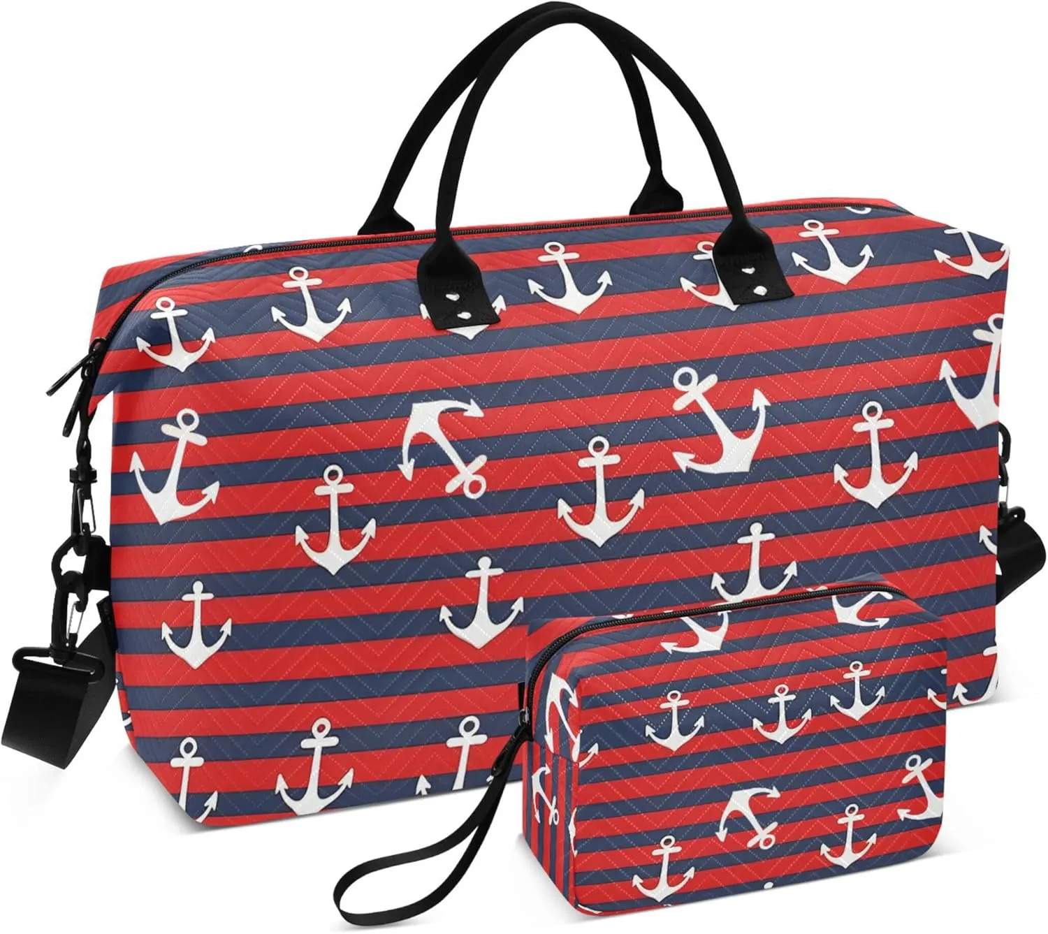 Red Black Stripes Iron Products Travel Duffel Bag with Toiletry Bag Personalized Weekender Bag for Travel Business Sports Large Carry On Overnight Bag for Women & Men
