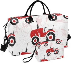 Red Old Wheeled Tractors Travel Duffle Bag, Large Weekender Overnight Bags for Women Men Waterproof Carry on Shoulder Tote Bags for Hospital Maternity Mommy Gym with Toiletry Bag