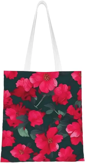 Red Pink Flower Print Canvas Tote Bag Reusable Shoulder Shopping Bags For Daily Use Shopping Travel
