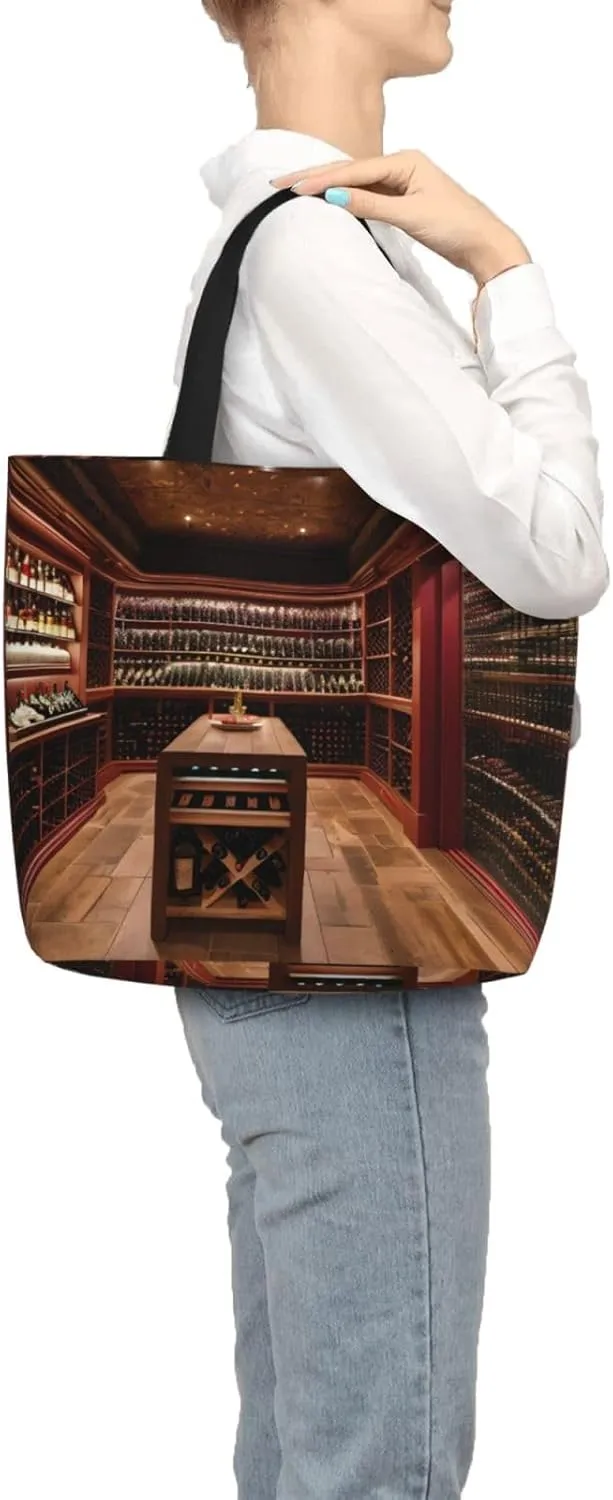 Red Wine Cellar Large-Capacity Polyester Tote Bag With Zipper Pockets One-Shoulder Tote Bag For Everything.