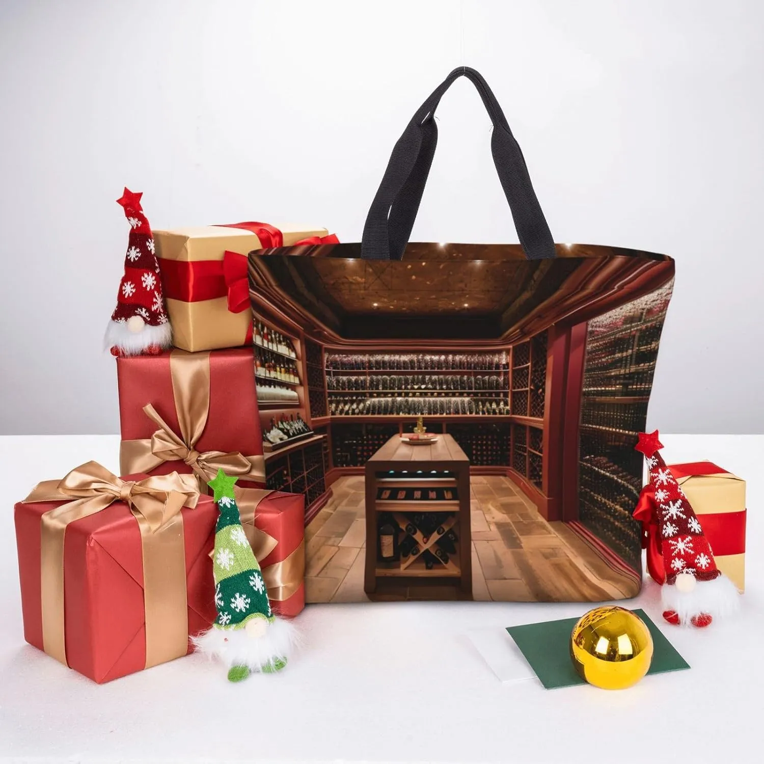 Red Wine Cellar Large-Capacity Polyester Tote Bag With Zipper Pockets One-Shoulder Tote Bag For Everything.