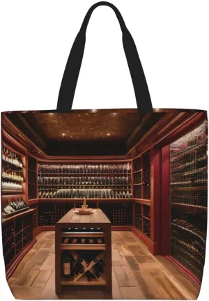 Red Wine Cellar Large-Capacity Polyester Tote Bag With Zipper Pockets One-Shoulder Tote Bag For Everything.