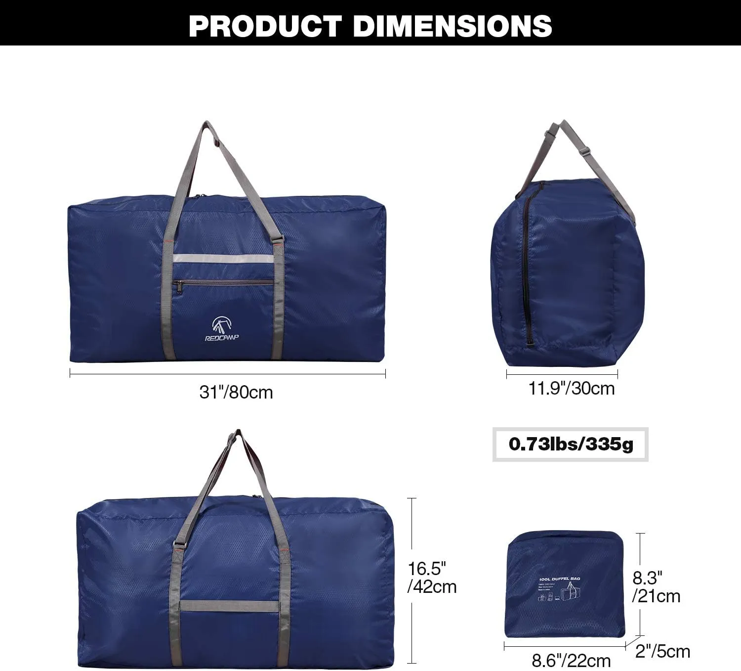 REDCAMP 100L Foldable Extra Large Duffle Bag 31 Inch, Lightweight Travel Duffel Bag with Adjustable Strap for Men Women, Black/Dark Blue/Red