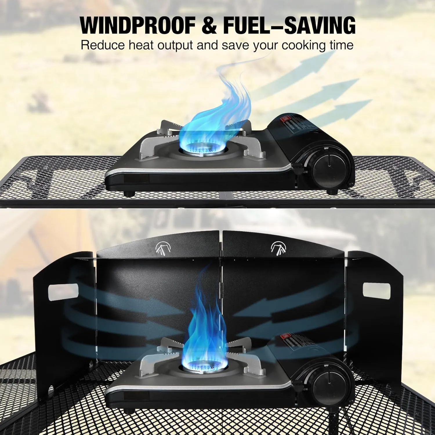 REDCAMP Portable 4-Panel Steel Camping Stove Windscreen, Foldable Windproof Outdoor Gas Stove Windshield with Storage Bag for Camping, Hiking, Backpacking, Picnic, Cooking (Black)