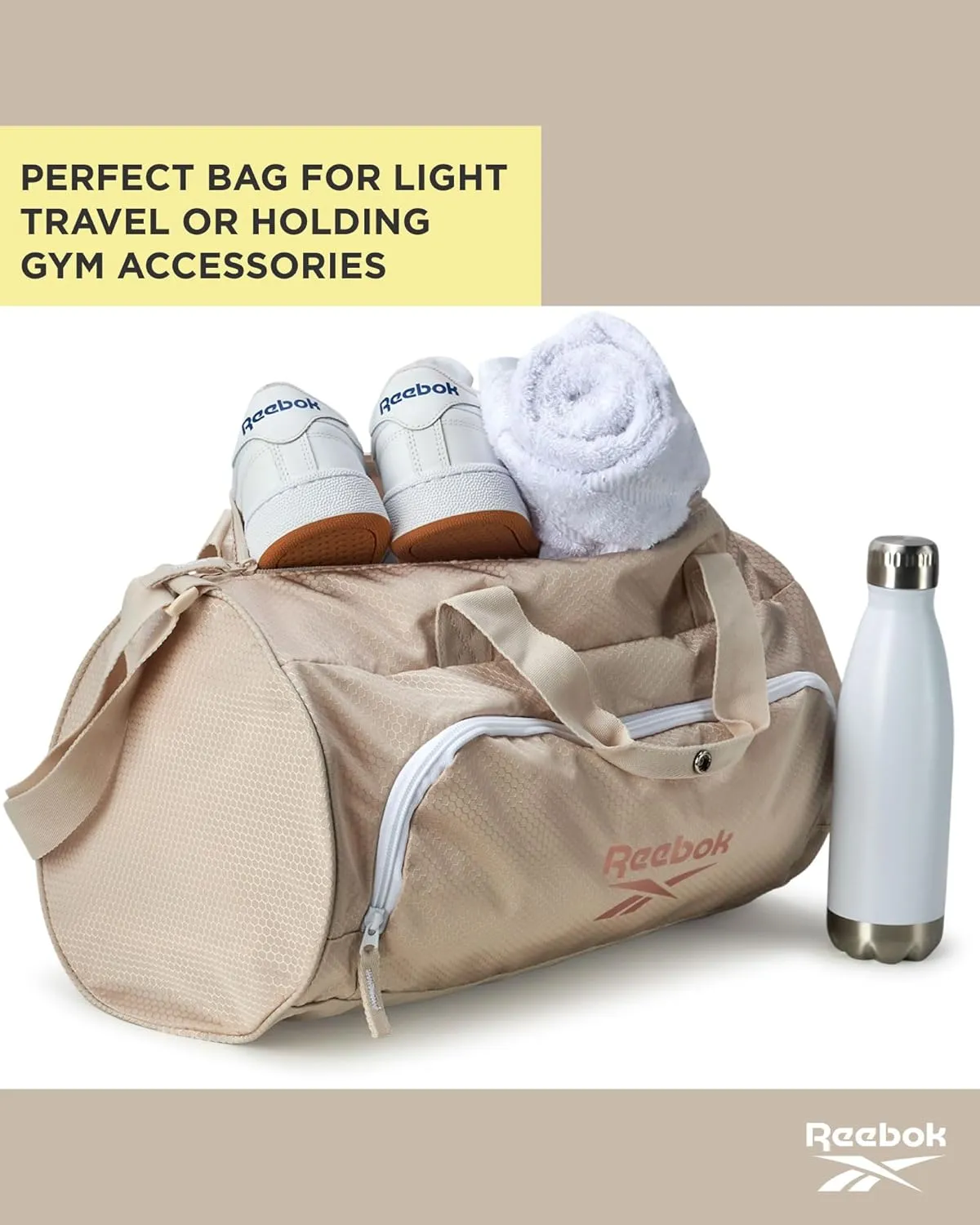 Reebok Duffle Bag - Unisex Lightweight Gym, Sports and Travel Mini Carry On Weekender Bags for Women and Men, Size One Size, Perth II Light Brown
