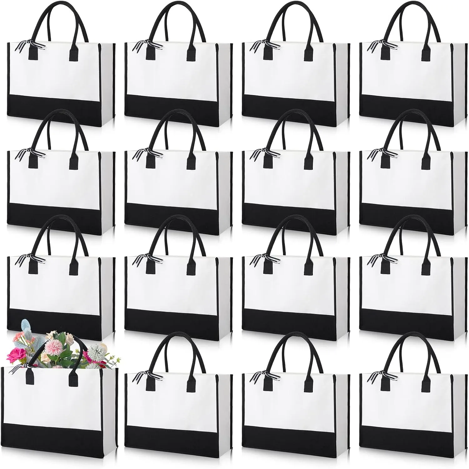 Reginary 12 Pack Canvas Tote Bags Initial Classic Present Personalized Canvas Beach Bag for Wedding, Birthday, Beach(Black and White)