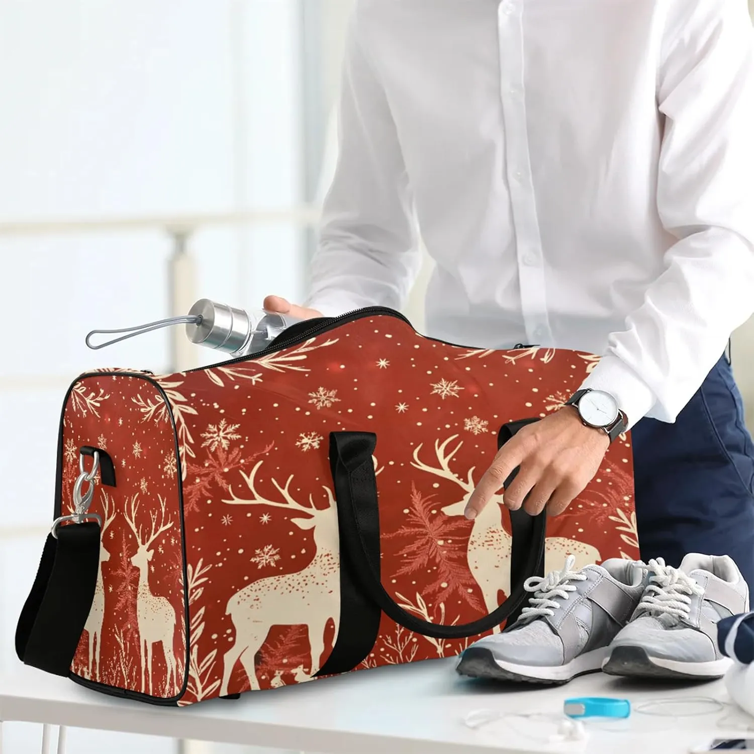 Reindeer And Holly Christmas Travel Duffle Bag, Sports Gym Bags for Women Men, Carry On Weekender Overnight Workout Airplane Trips Bag