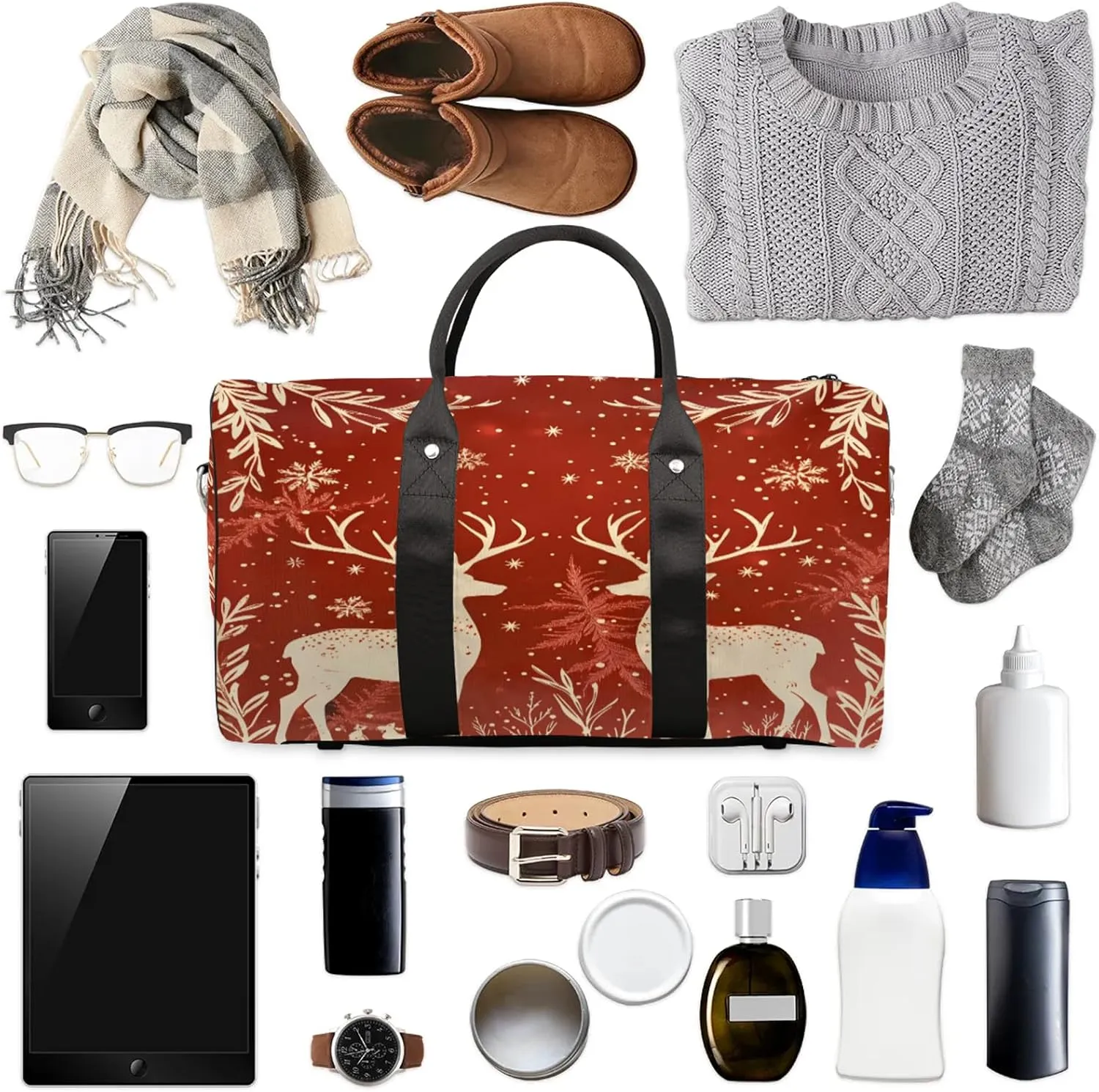 Reindeer And Holly Christmas Travel Duffle Bag, Sports Gym Bags for Women Men, Carry On Weekender Overnight Workout Airplane Trips Bag