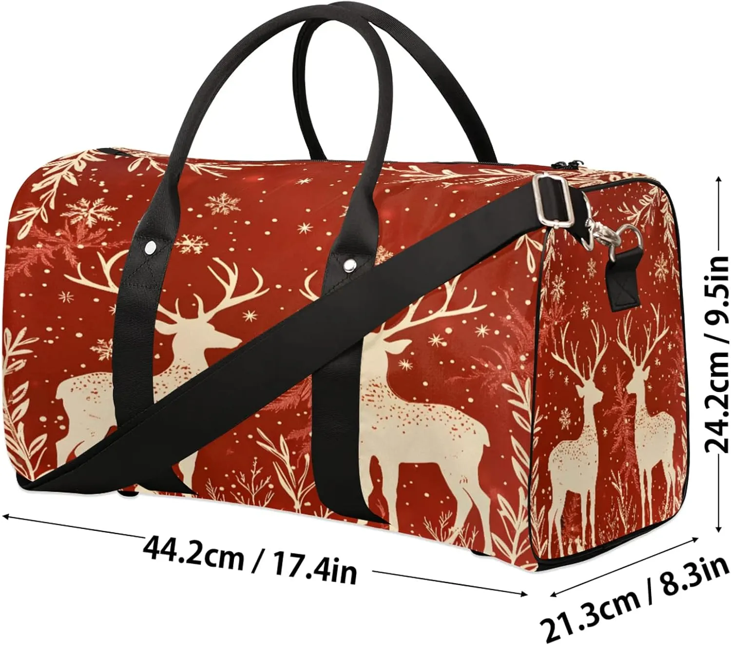 Reindeer And Holly Christmas Travel Duffle Bag, Sports Gym Bags for Women Men, Carry On Weekender Overnight Workout Airplane Trips Bag
