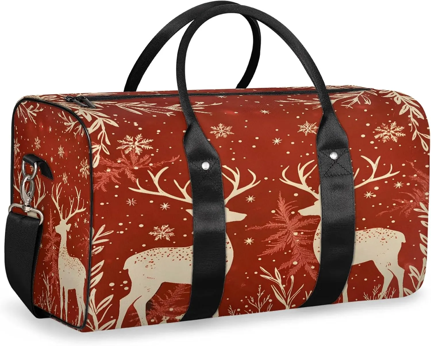 Reindeer And Holly Christmas Travel Duffle Bag, Sports Gym Bags for Women Men, Carry On Weekender Overnight Workout Airplane Trips Bag