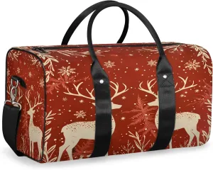 Reindeer And Holly Christmas Travel Duffle Bag, Sports Gym Bags for Women Men, Carry On Weekender Overnight Workout Airplane Trips Bag