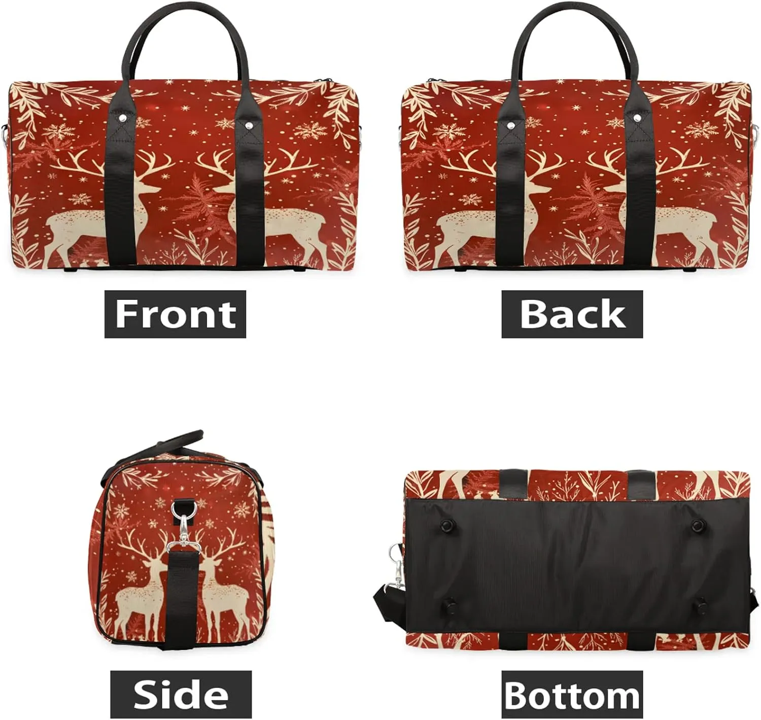 Reindeer And Holly Christmas Travel Duffle Bag, Sports Gym Bags for Women Men, Carry On Weekender Overnight Workout Airplane Trips Bag