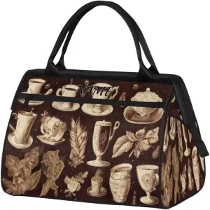 Retro Ceramic Tea Set Travel Sports Bag for Women Essentials Customized Name Carry On Duffel Gym Bag Personalized Accessories Large Tote Weekender Bag Ladies Beach Waterproof Bag