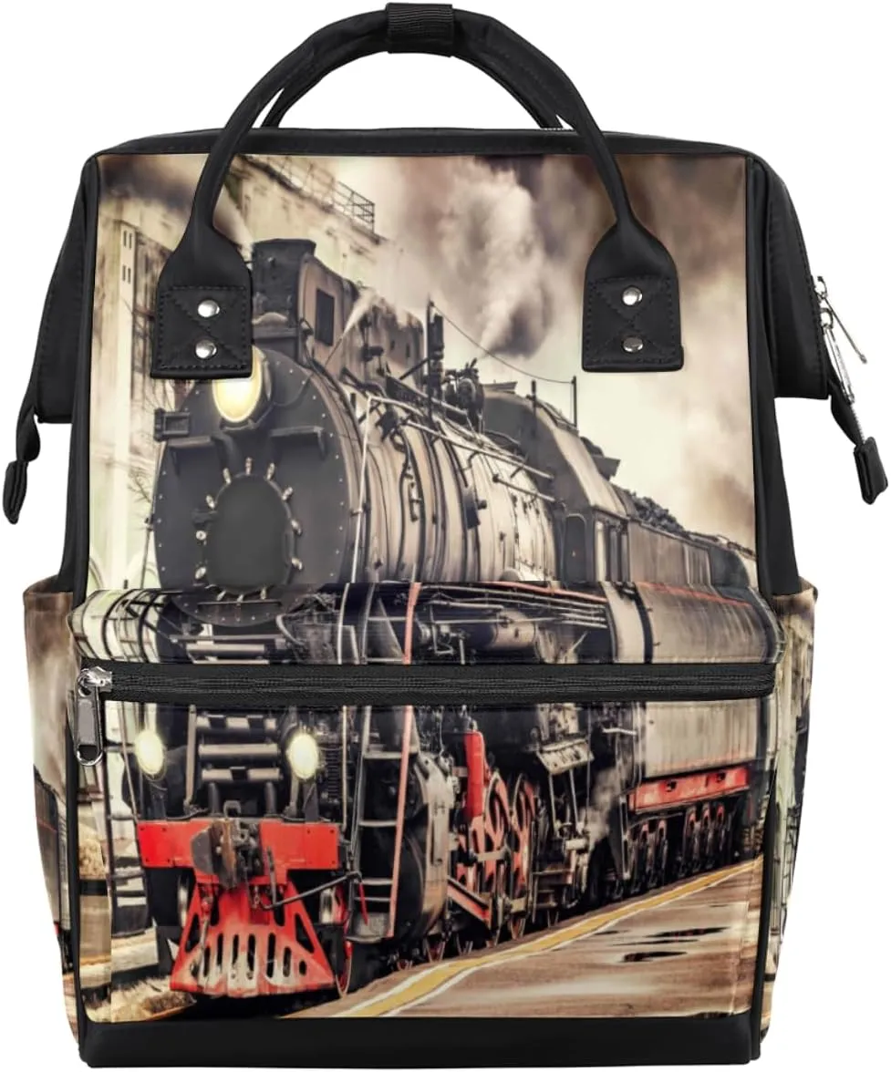 Retro Steam Train Diaper Bag Tote Large Capacity Waterproof with Adjustable Shoulder Strap and Pram Straps Mommy Bag for Hospital Beach Weekender Travel