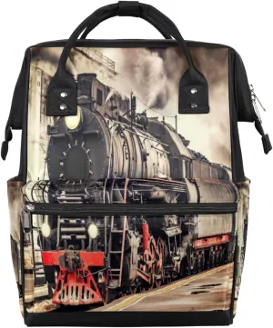 Retro Steam Train Diaper Bag Tote Large Capacity Waterproof with Adjustable Shoulder Strap and Pram Straps Mommy Bag for Hospital Beach Weekender Travel