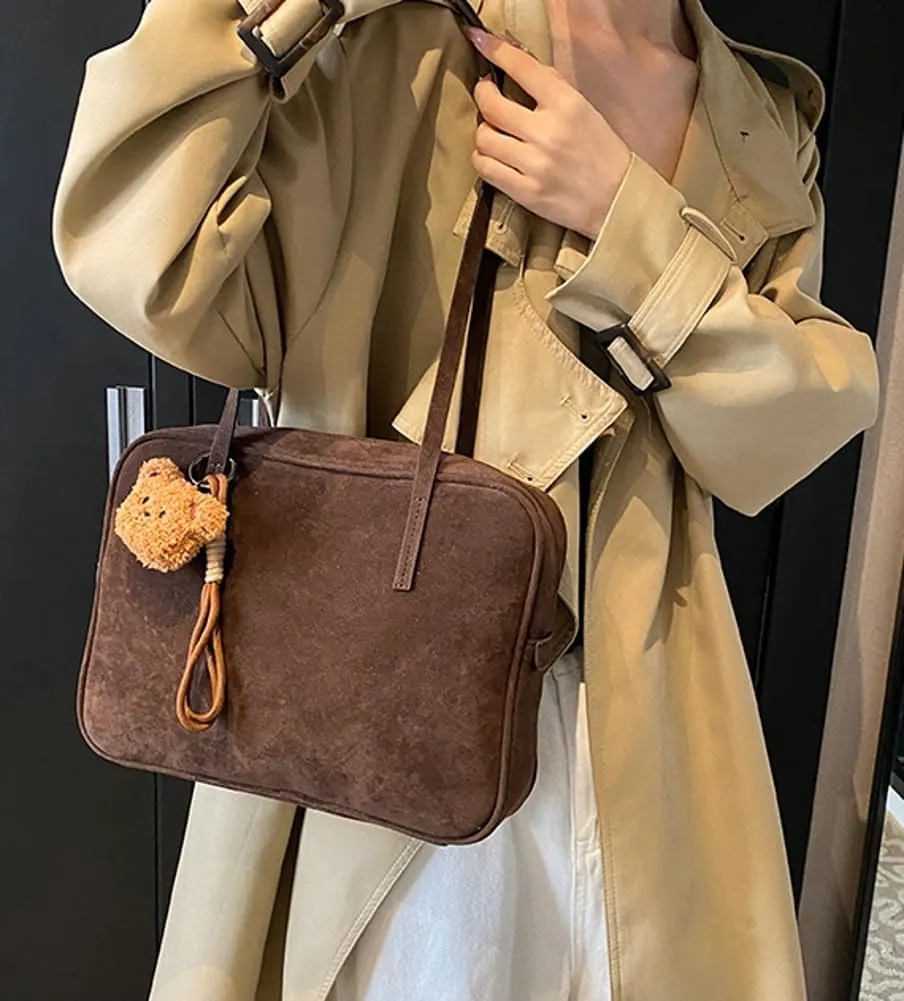 Retro Suede Shoulder Bag for Women Suede Tote Handbag Satchel Crossbody Bag Winter Work Purse Large Suede Square Bag