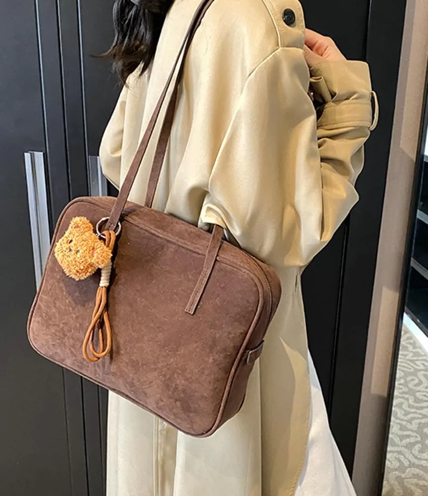 Retro Suede Shoulder Bag for Women Suede Tote Handbag Satchel Crossbody Bag Winter Work Purse Large Suede Square Bag