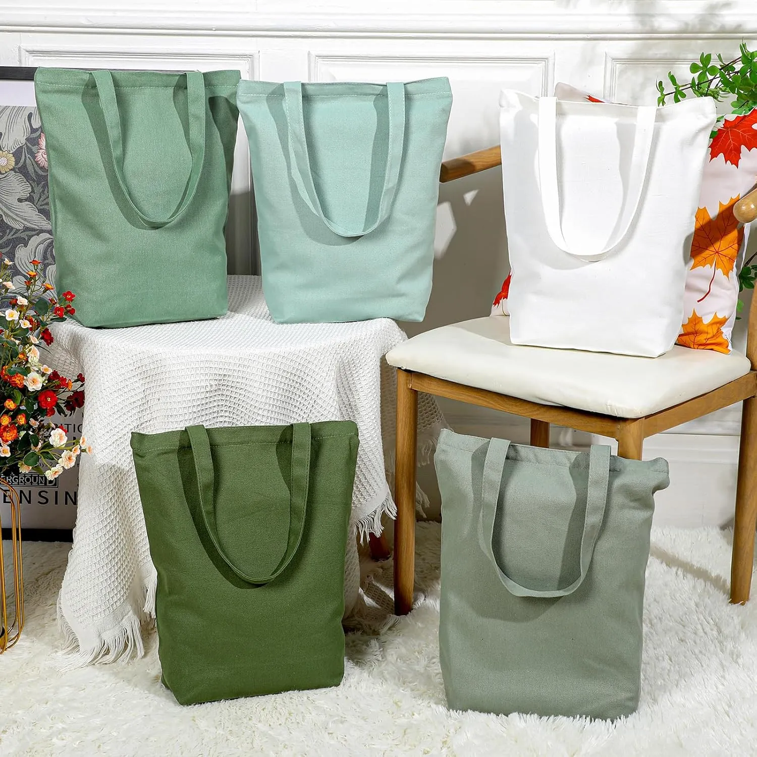 Reusable Canvas Grocery Shopping Tote Bags Bulk with Zipper and Handle Women Mom Teacher Nurse Wedding Mental Health Gifts(Green,White,5 Pcs)