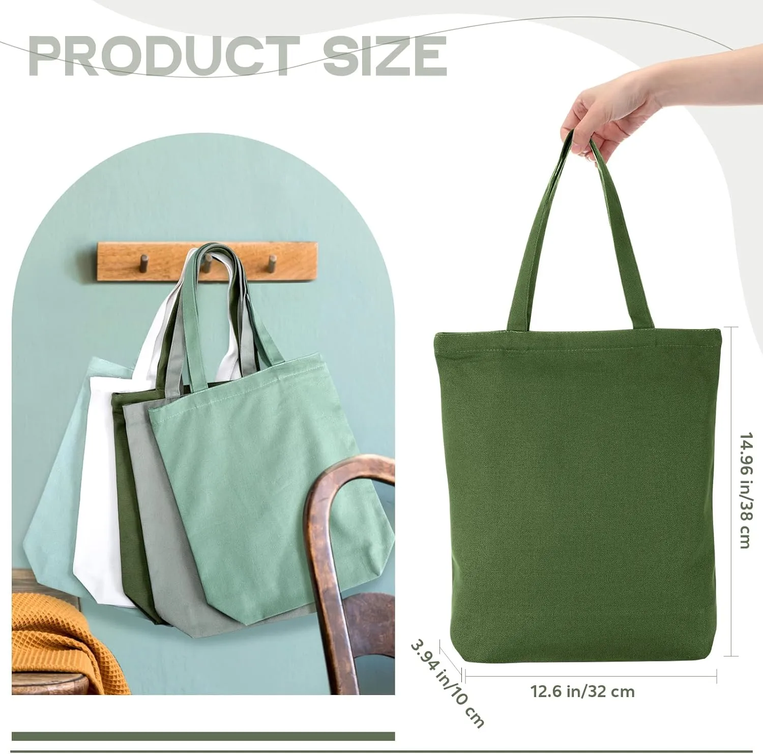 Reusable Canvas Grocery Shopping Tote Bags Bulk with Zipper and Handle Women Mom Teacher Nurse Wedding Mental Health Gifts(Green,White,5 Pcs)