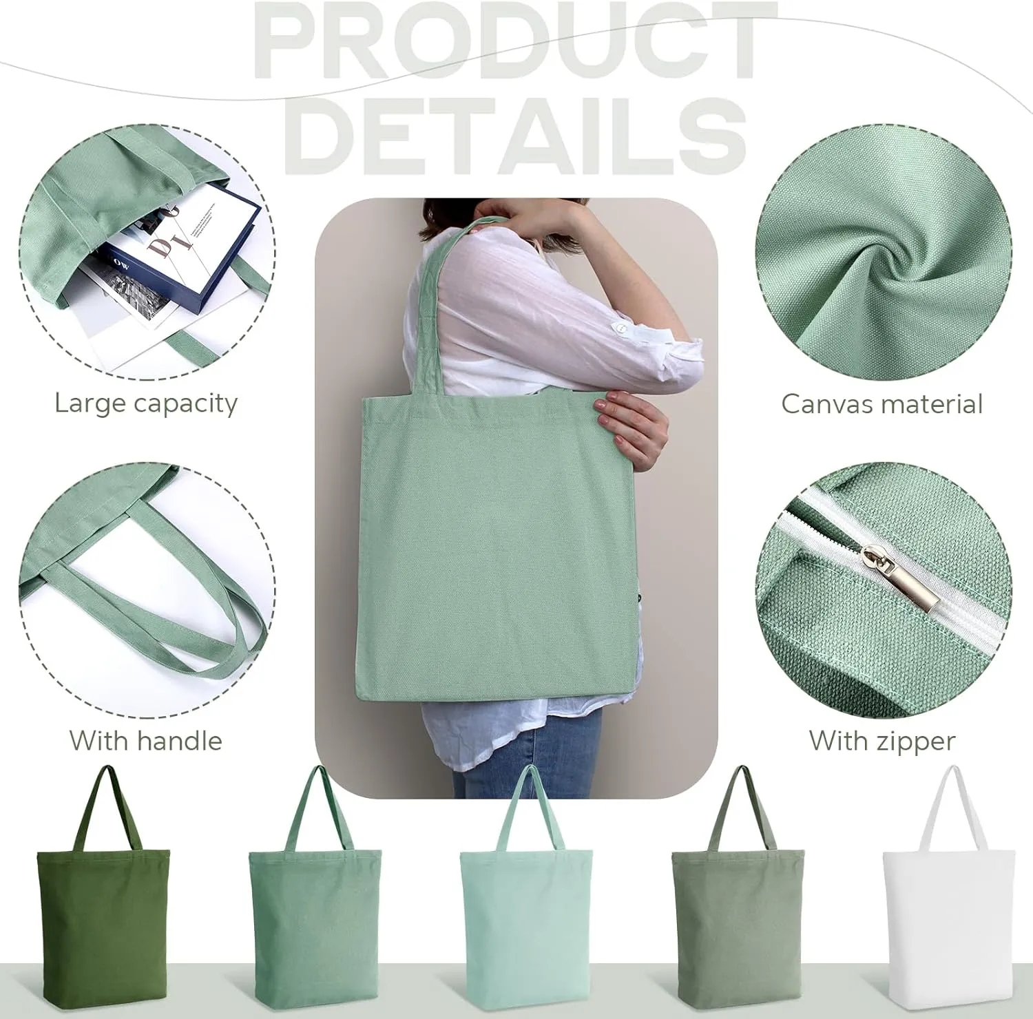 Reusable Canvas Grocery Shopping Tote Bags Bulk with Zipper and Handle Women Mom Teacher Nurse Wedding Mental Health Gifts(Green,White,5 Pcs)