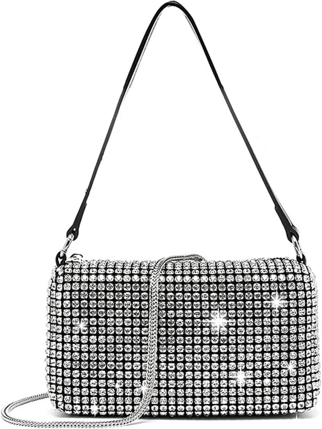Rhinestone Evening Bag Women Sequin Purse Bling Sparkly Crossbody Silver Clutch Fold Over Chain Shoulder Bag