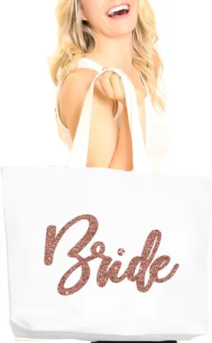 RhinestoneSash Rose Gold Bridal Party Tote Bags - JUMBO 18" x 14" Wedding Totes - Bridal Shower Gifts & Favors