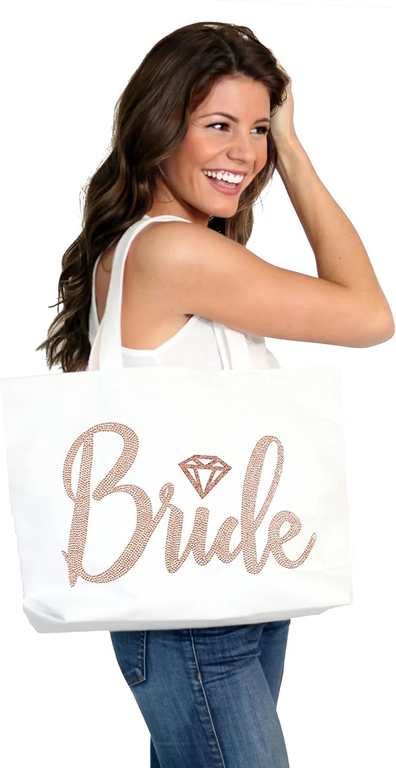 RhinestoneSash Rose Gold Bridal Party Tote Bags - JUMBO 18" x 14" Wedding Totes - Bridal Shower Gifts & Favors