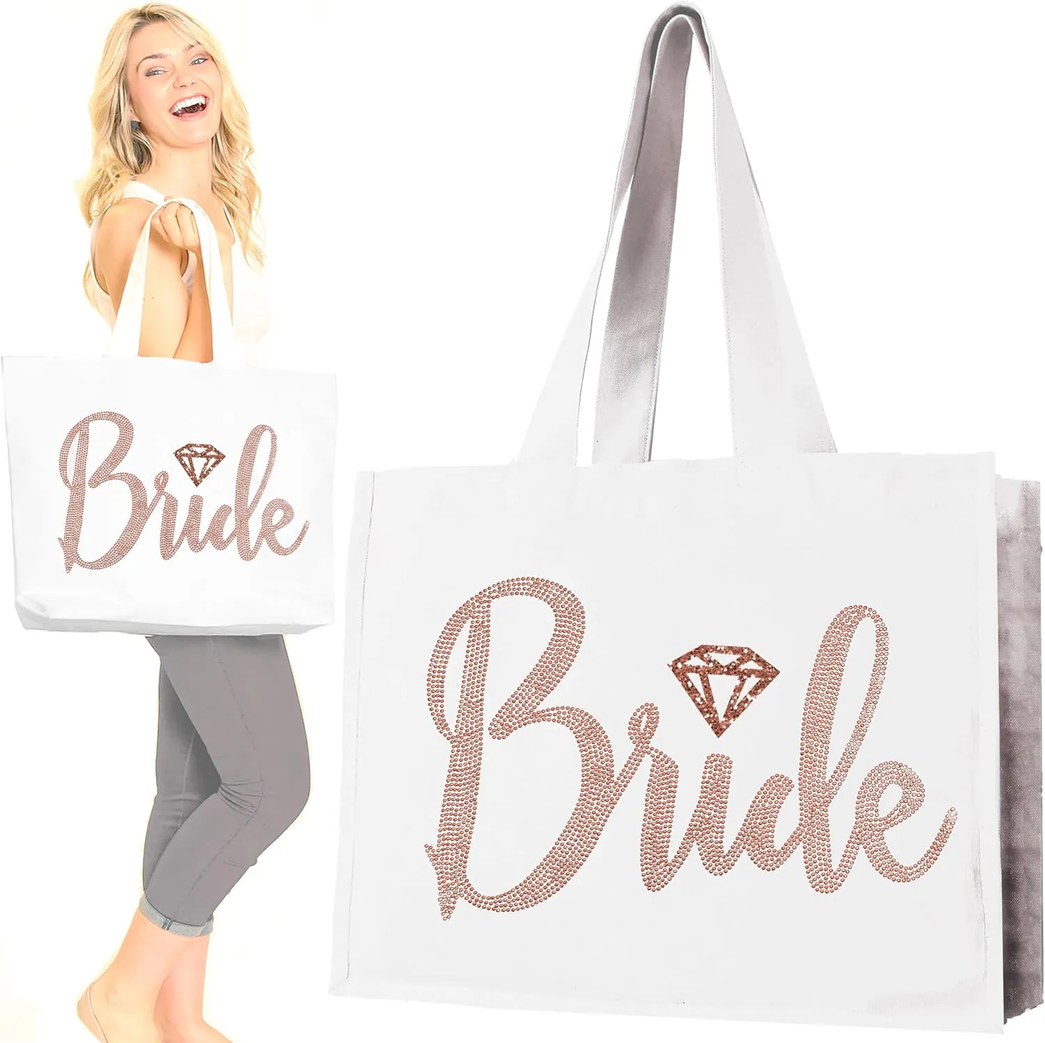 RhinestoneSash Rose Gold Bridal Party Tote Bags - JUMBO 18" x 14" Wedding Totes - Bridal Shower Gifts & Favors