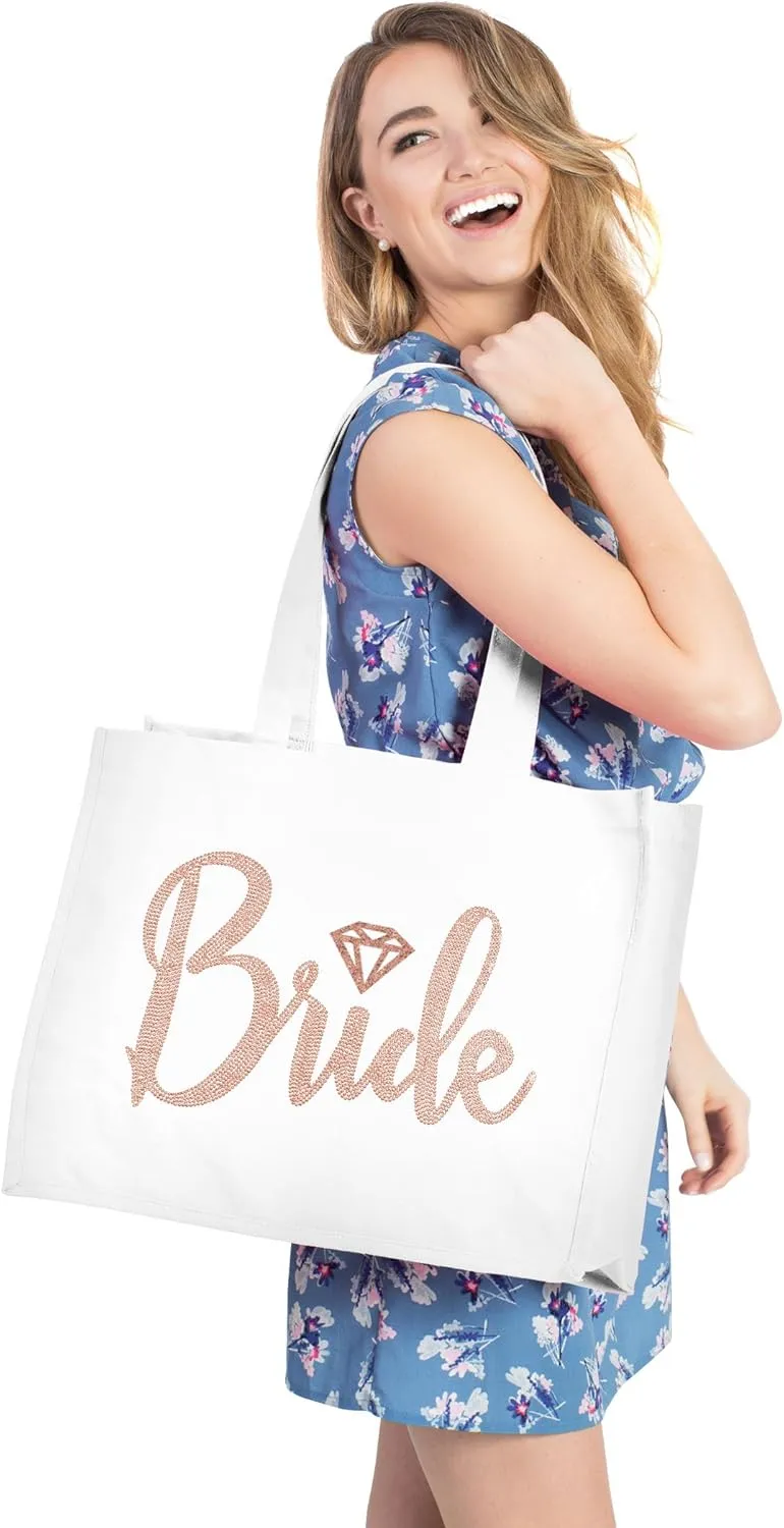 RhinestoneSash Rose Gold Bridal Party Tote Bags - JUMBO 18" x 14" Wedding Totes - Bridal Shower Gifts & Favors