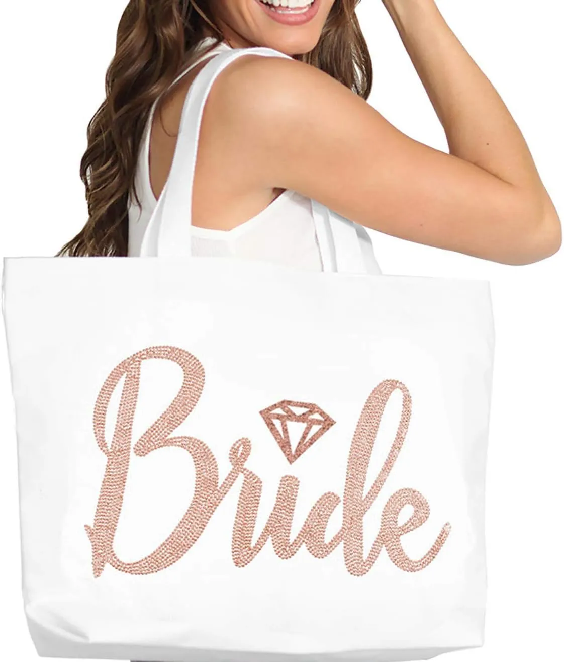 RhinestoneSash Rose Gold Bridal Party Tote Bags - JUMBO 18" x 14" Wedding Totes - Bridal Shower Gifts & Favors