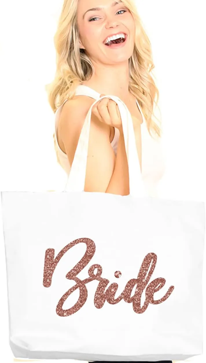 RhinestoneSash Rose Gold Bridal Party Tote Bags - JUMBO 18" x 14" Wedding Totes - Bridal Shower Gifts & Favors