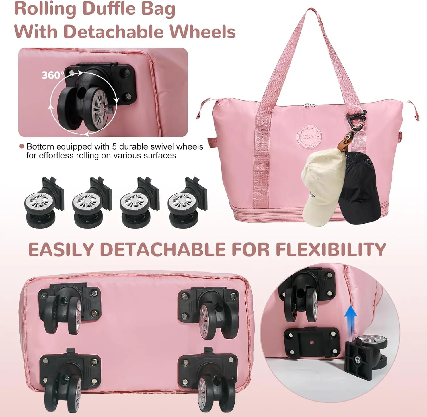 Rolling Duffle Bag with Wheels, Expandable Foldable Luggage Bag, Carry-On Duffel Bag, Large Bag for Travel, Weekend Bag