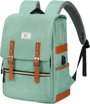 Ronyes Vintage Laptop Backpack for Women Men,15.6 inch Bookbag Casual Daypack with USB Charging Port for College Work, Green Backpacks