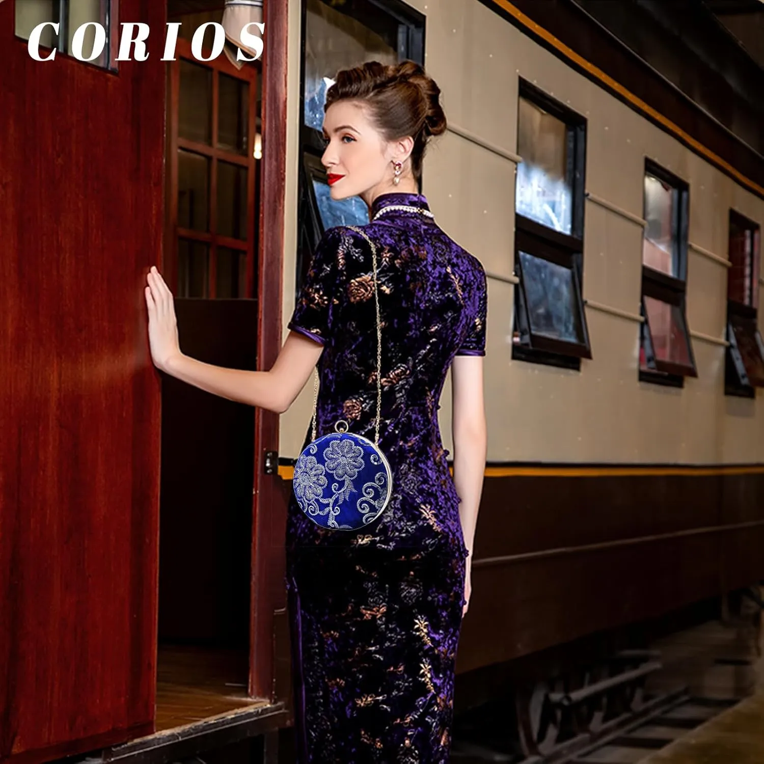 Round Velvet Clutch Purses for Women Flower Evening Bag Vintage Handbag Bridal Wedding Purse