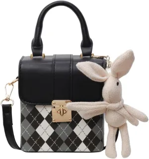RTGGSEL Quilted Lattice Crossbody Shoulder Bags for Women Small Tote Square Satchel Handbags Purse with Bunny Doll Pendant