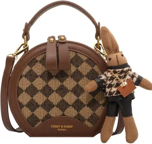 RTGGSEL Quilted Lattice Crossbody Shoulder Bags for Women Small Tote Square Satchel Handbags Purse with Bunny Doll Pendant
